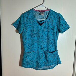 Heartsoul‎ Scrubs Top XS Teal Blue Black Print Medical Nurse Healthcare